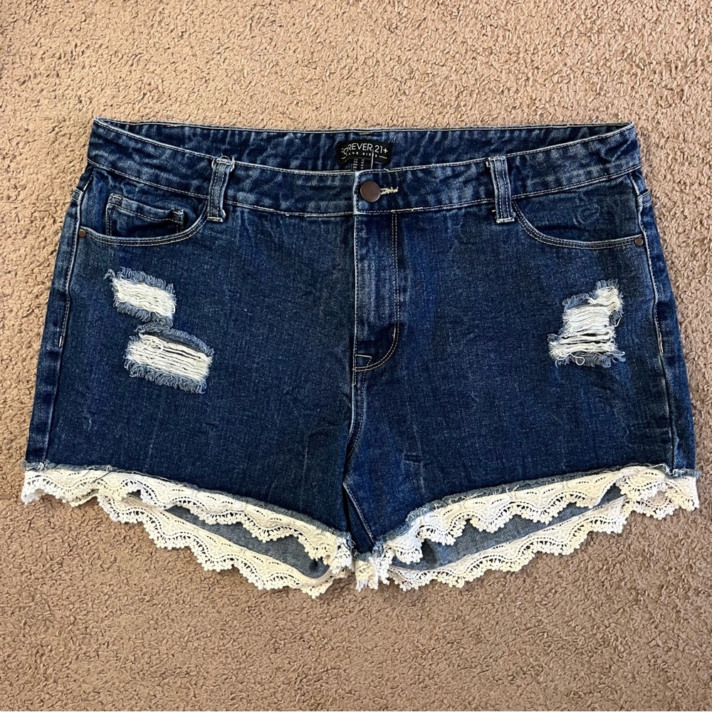 Forever 21 Blue Distressed Jean Shorts with White Lace